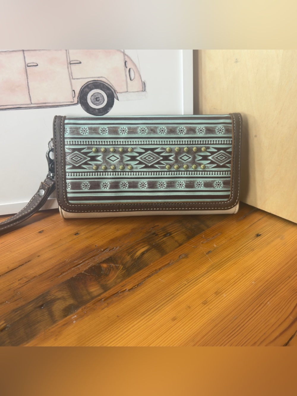 Nocona Turquoise and Brown Aztec Leather Wristlet Phone Case